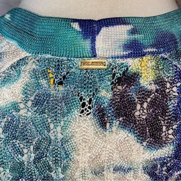 St John. Watercolor Button Up Cardigan in Blues, Yellow, Green. Size XS. - Picture 9 of 12
